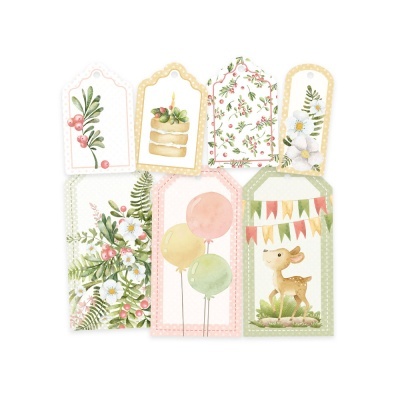 Etiquetas de papel decorativas com desenhos de flores, bolo, balões e cervo