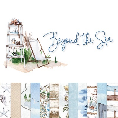 Design com elementos de praia e padrões azuis e brancos, texto Beyond the Sea.