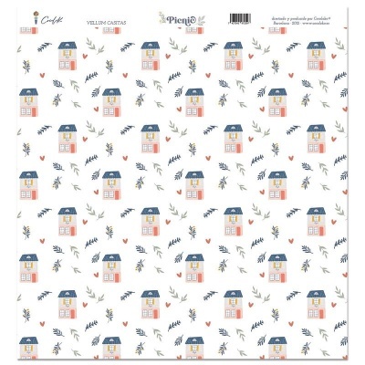 Papel decorativo com casas cor de rosa e ramos florais em azul e laranja