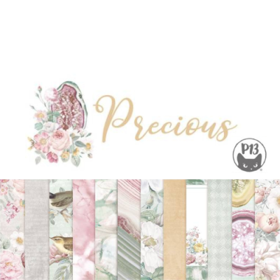 Padrões decorativos florais e mármore em tons pastel, texto 'Precious' e logotipo P13 com gato