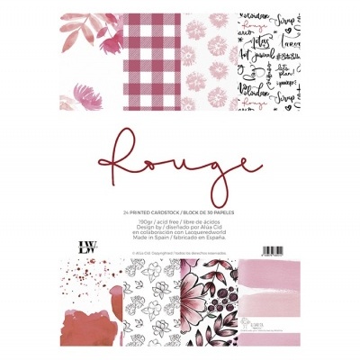 Folhas de cartão estampado com padrões em tons de vermelho, rosa e branco