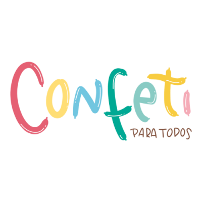 Logótipo colorido com a frase Confeti PARA TODOS sobre fundo branco