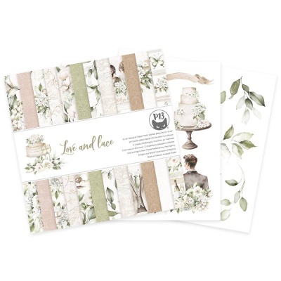 Papéis decorativos para scrapbook com tema romântico em tons pastel, flores, bolo de casamento e casal.