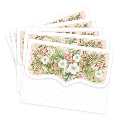 Cinco envelopes decorados com flores brancas e folhas verdes