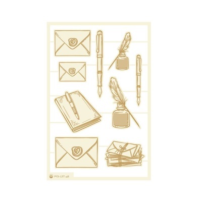 Ilustração de artigos de escrita dourados com envelopes e tinteiros.