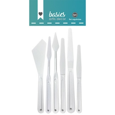 Conjunto de 6 espátulas de plástico branco com cabo transparente em embalagem azul