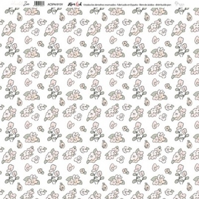 Papel decorativo com padrão de flores pequenas em bege e verde claro