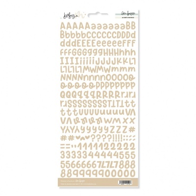 Folha de autocolantes com letras, números e símbolos bege em embalagem plástica
