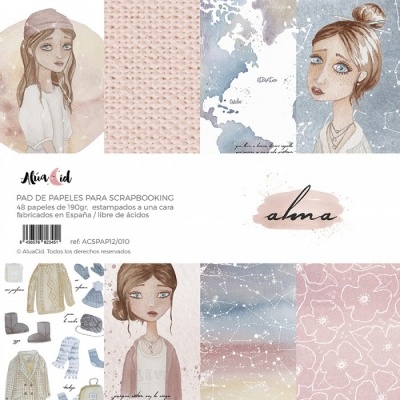 Papéis para scrapbooking com ilustrações de mulheres e padrões em tons pastel.