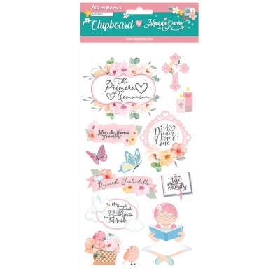 Stickers de chipboard decorativos com temas de primeira comunhão e elementos florais