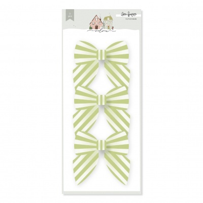 Pack de três laços decorativos em papel com riscas verdes e brancas em suporte branco