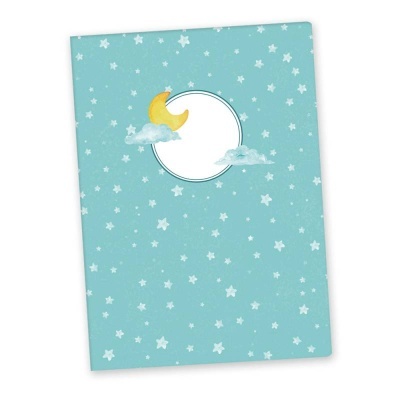 Caderno azul claro com estrelas, lua amarela, nuvens e círculo branco na capa