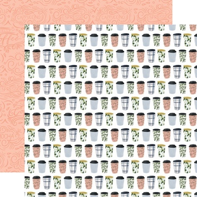 Papel de embrulho com padrão de copos de café e bordas rosas decoradas