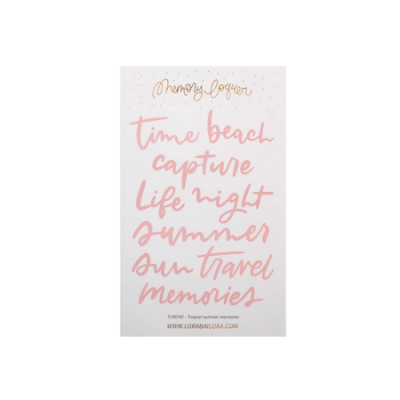 Autocolantes com palavras em letra cursiva rosa e dourada sobre fundo branco