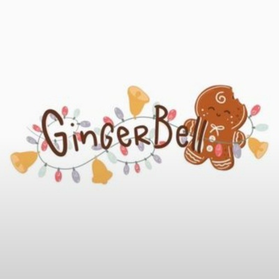 Logótipo GingerBell com biscoito de gengibre decorado e luzes de Natal coloridas