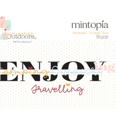 Texto decorativo com a palavra ENJOY e outras palavras em várias cores sobre fundo branco e pontos dourados