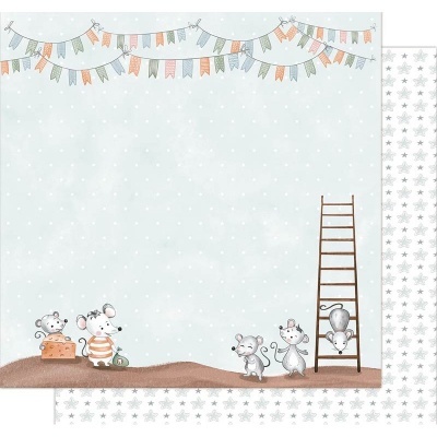 Papel de parede ou embrulho com ratinhos, bandeirolas coloridas e fundo azul com estrelas brancas