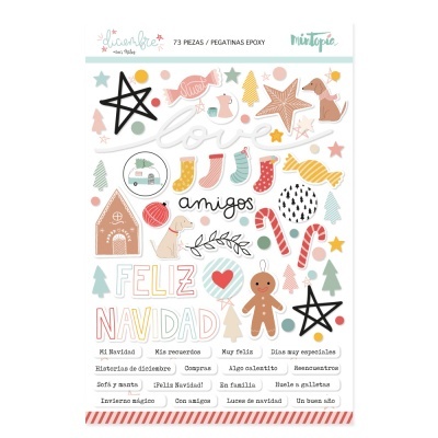 Folha de autocolantes epóxi de Natal com desenhos coloridos e texto em espanhol.