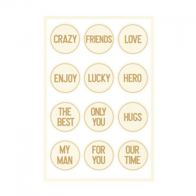 Folha branca com 12 autocolantes circulares cor creme claro com texto dourado