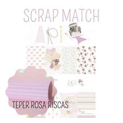 Conjunto de papéis decorativos Scrap Match com padrões rosa, bege e branco e texto 'TEPER ROSA RISCAS'