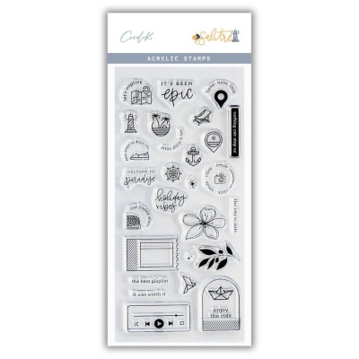 Conjunto de carimbos acrílicos com desenhos de mapas, âncoras, flores e frases em inglês