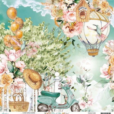 Imagem decorativa com motorizada, chapéu de palha, flores, balões e balão de ar quente com placa 'WELCOME'