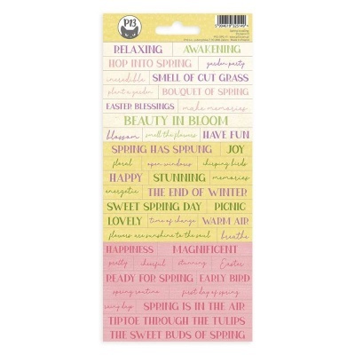 Pacote colorido de adesivos com frases em inglês sobre a primavera