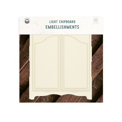 Embalagem de madeira clara em forma de armário decorativo com texto LIGHT CHIPBOARD EMBELLISHMENTS