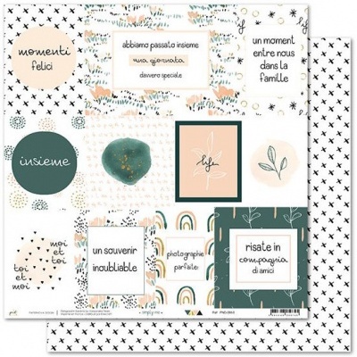 Folha decorativa com textos em italiano e francês e padrões coloridos abstratos.