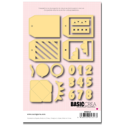 Molde de corte para scrapbooking com várias formas e números em papel amarelo claro