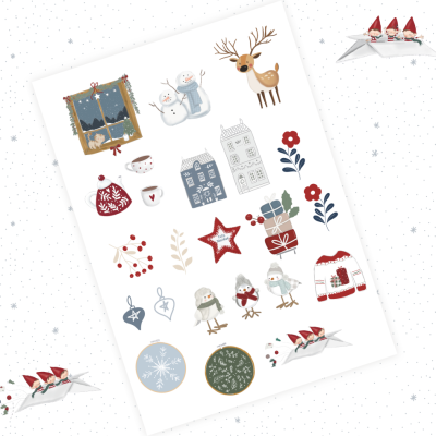 Folha com ilustrações de Natal coloridas em estilo desenho animado sobre fundo branco com pontos escuros