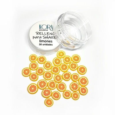 Recipiente transparente com tampa branca e decorações planas amarelas e laranjas tipo limão