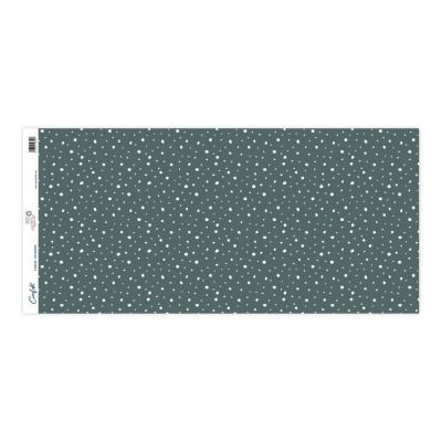 Pano tecido azul esverdeado com pontos brancos e etiqueta na margem esquerda