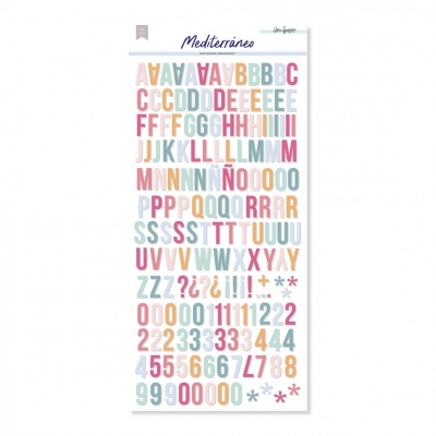 Folha de autocolantes coloridos com letras e números em padrão Mediterrâneo
