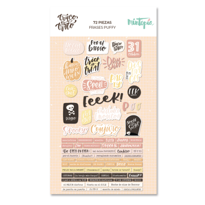 Folha com 72 adesivos frases puffy coloridas com textos em português e inglês sobre fundo quadriculado
