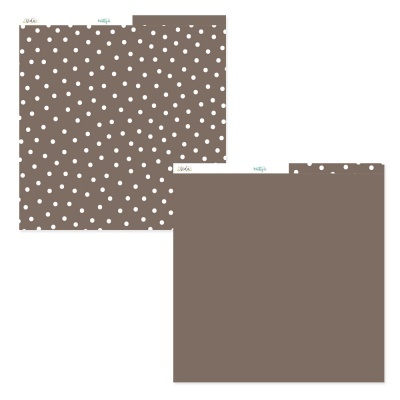 Dois papéis decorativos quadrados, um com bolinhas brancas em fundo castanho e outro castanho liso