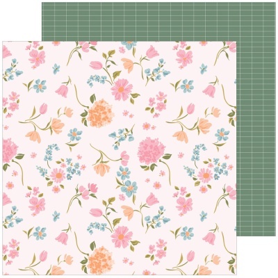 Papel decorativo com padrão floral colorido e verso padrão geométrico verde escuro