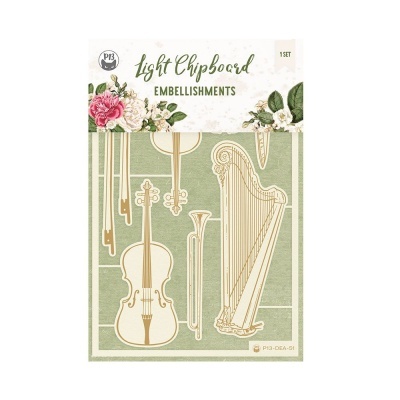 Conjunto de embellishments Light Chipboard com instrumentos musicais em fundo verde
