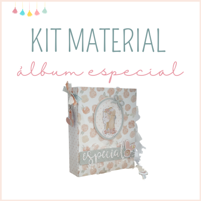 Caixa decorada para kit material álbum especial com padrão floral e imagem de menina