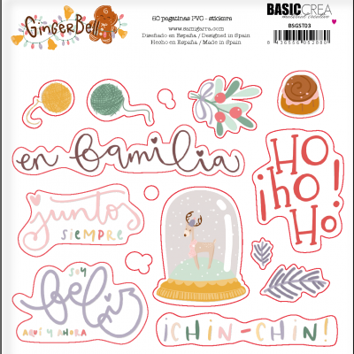 Pacote de autocolantes festivos com desenhos e palavras em espanhol.