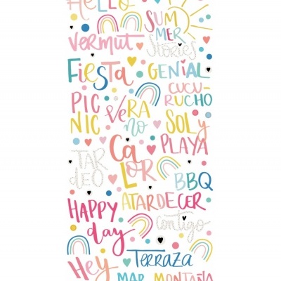 Texto colorido com desenhos de corações e arco-íris em fundo branco.