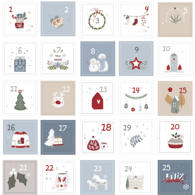 Calendário de advento com ilustrações natalícias e números de 1 a 25