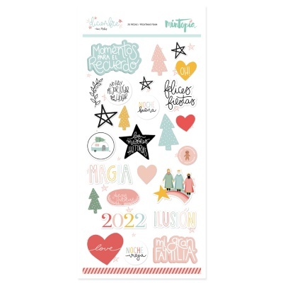 Autocolantes variados de Natal com texto em espanhol e desenhos festivos coloridos