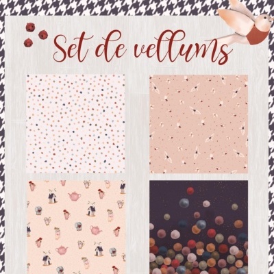 Conjunto de quatro vellums com padrões variados e fundo pied-de-poule preto e branco