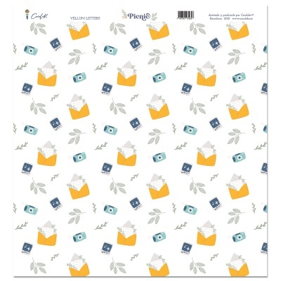 Papel decorativo branco com padrão de envelopes amarelos, cartas brancas, câmaras azuis e folhas cinzentas.