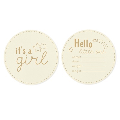 Cartões redondos bege claro para anúncio de bebé menina com texto e espaço para dados