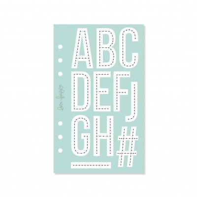 Folha azul claro com letras brancas ABCDEFGH e símbolos com contornos pontilhados.