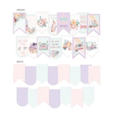 Bandeirolas decorativas com padrões florais e frases em inglês em cores pastel