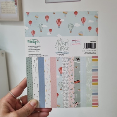 Pack de papéis estampados Mintopía Aventura para scrapbooking com várias estampas coloridas