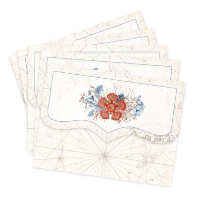 Conjunto de seis envelopes decorados com flores vermelhas e azuis sobre fundo com mapa náutico.